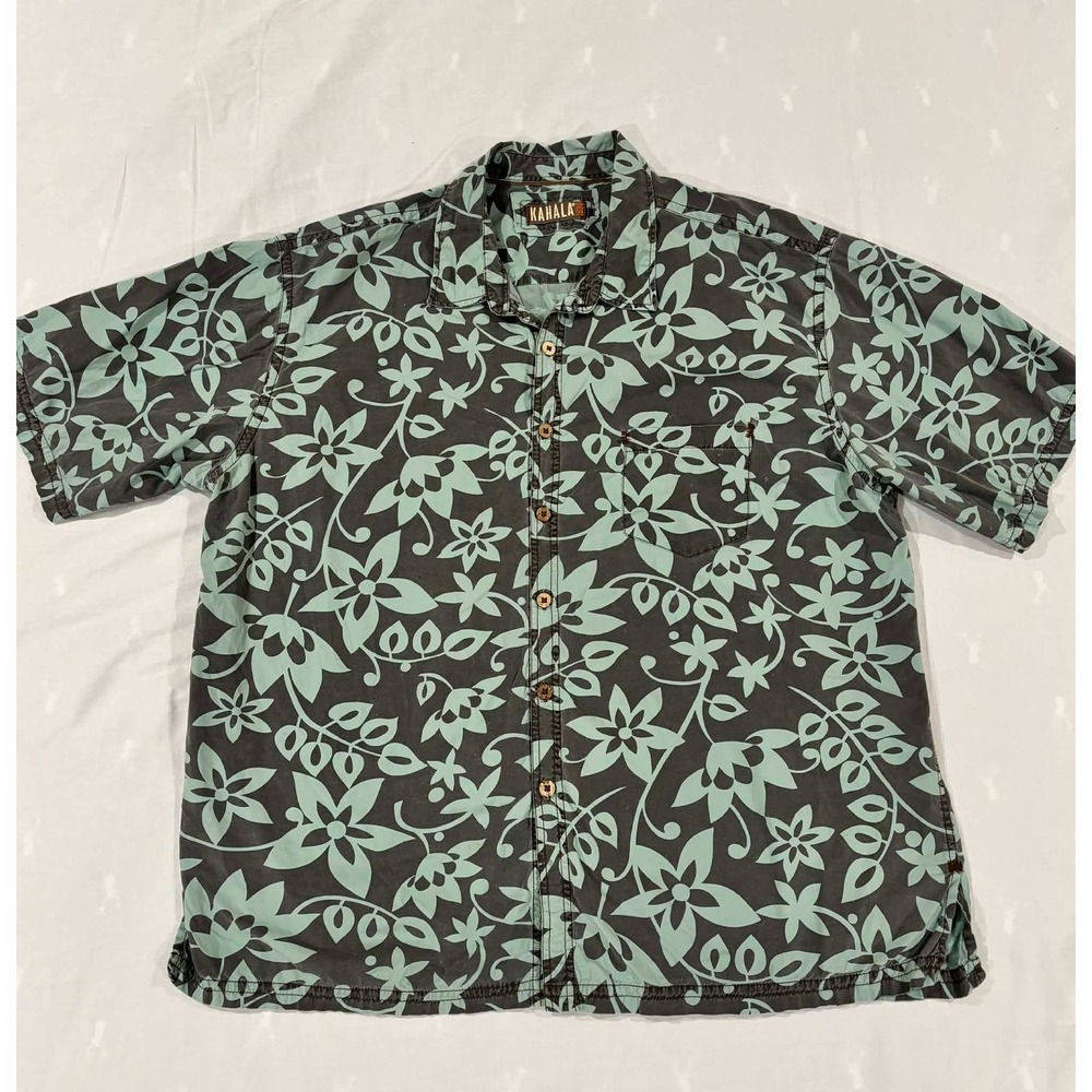Kahala Mens 3XL Short Sleeve Button Down Shirt Tropical Floral Cotton Grey Mint